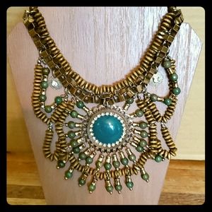Wooden green bead and rhinestone necklace